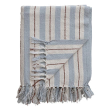 Load image into Gallery viewer, Light Blue &amp; Brown Stripe Woven Recycled Cotton Blend Striped Throw w/ Fringe
