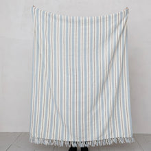 Load image into Gallery viewer, Light Blue &amp; Brown Stripe Woven Recycled Cotton Blend Striped Throw w/ Fringe

