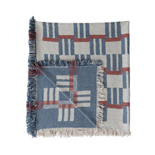 Load image into Gallery viewer, Red, Blue, &amp; Natural Woven Cotton Blend Jacquard Throw with Stripes/Block Pattern &amp; Fringe
