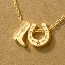Load image into Gallery viewer, Gold Dipped Cowboy Boots Horse Shoe Charm Necklace (2 Colors)
