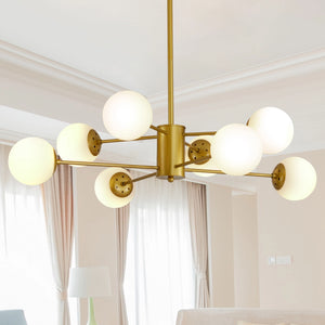 8-Light Gold Chandelier with White Glass, Mid-Century Design