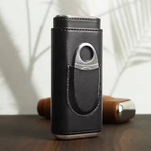 Load image into Gallery viewer, Genuine Leather Cigar Case, Wood Lined Humidor with Cutter
