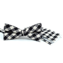Load image into Gallery viewer, Plaid Cotton Bow Tie &amp; Matching Pocket Square-Black &amp; White
