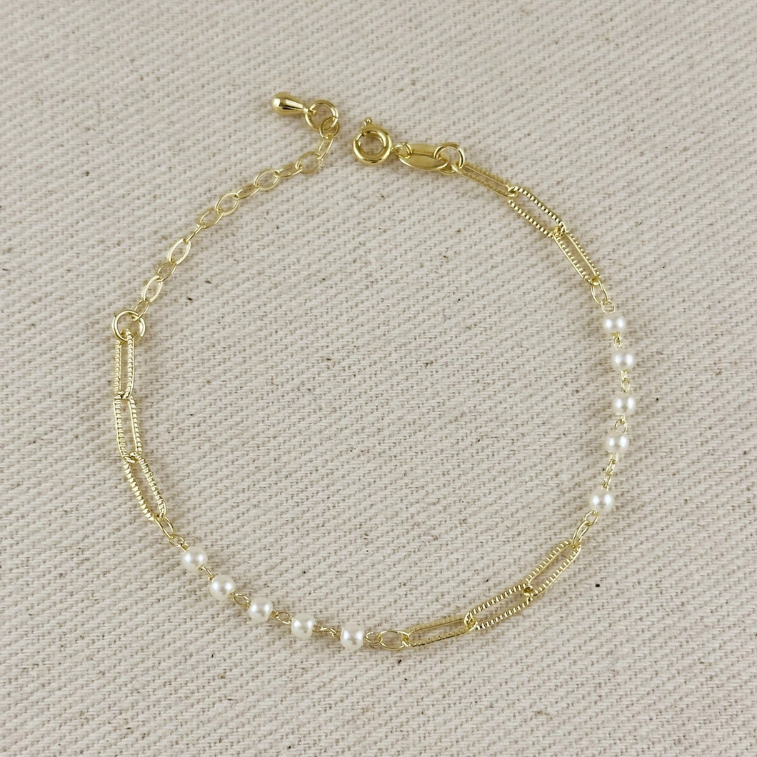 18k Gold Filled Diamond Cut Paperclip & Pearls Bracelet