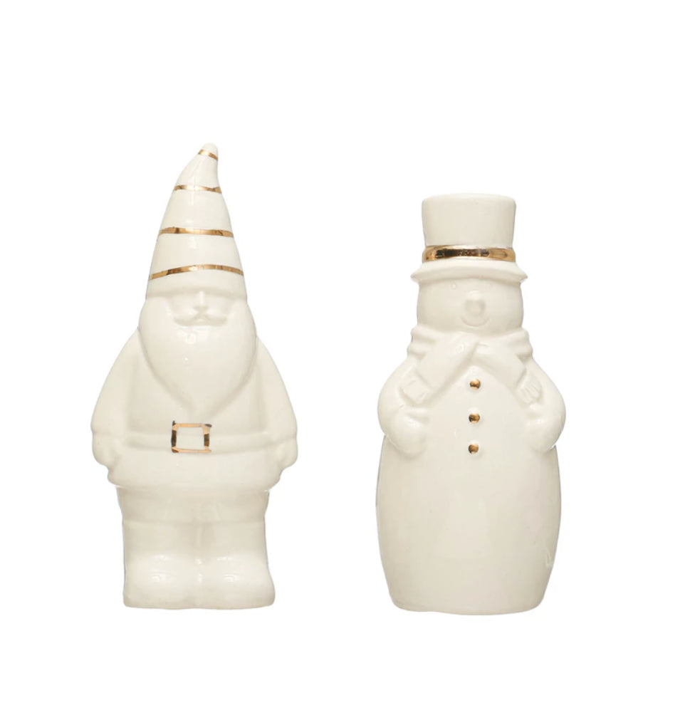 Stoneware Santa & Snowman Salt & Pepper Shakers w/ Gold Electroplating (Set of 2)