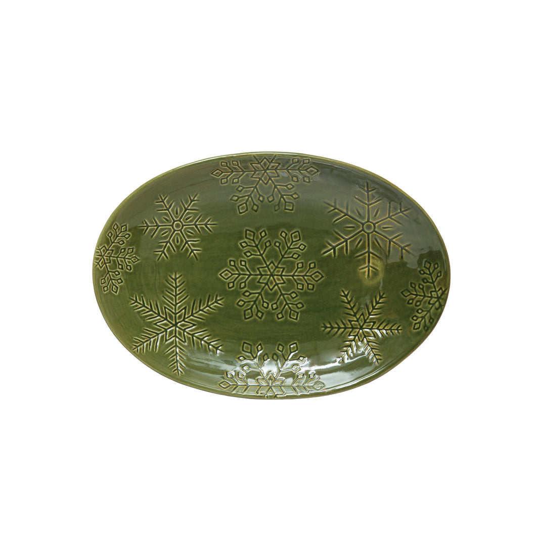 Green Oval Debossed Snowflake Platter