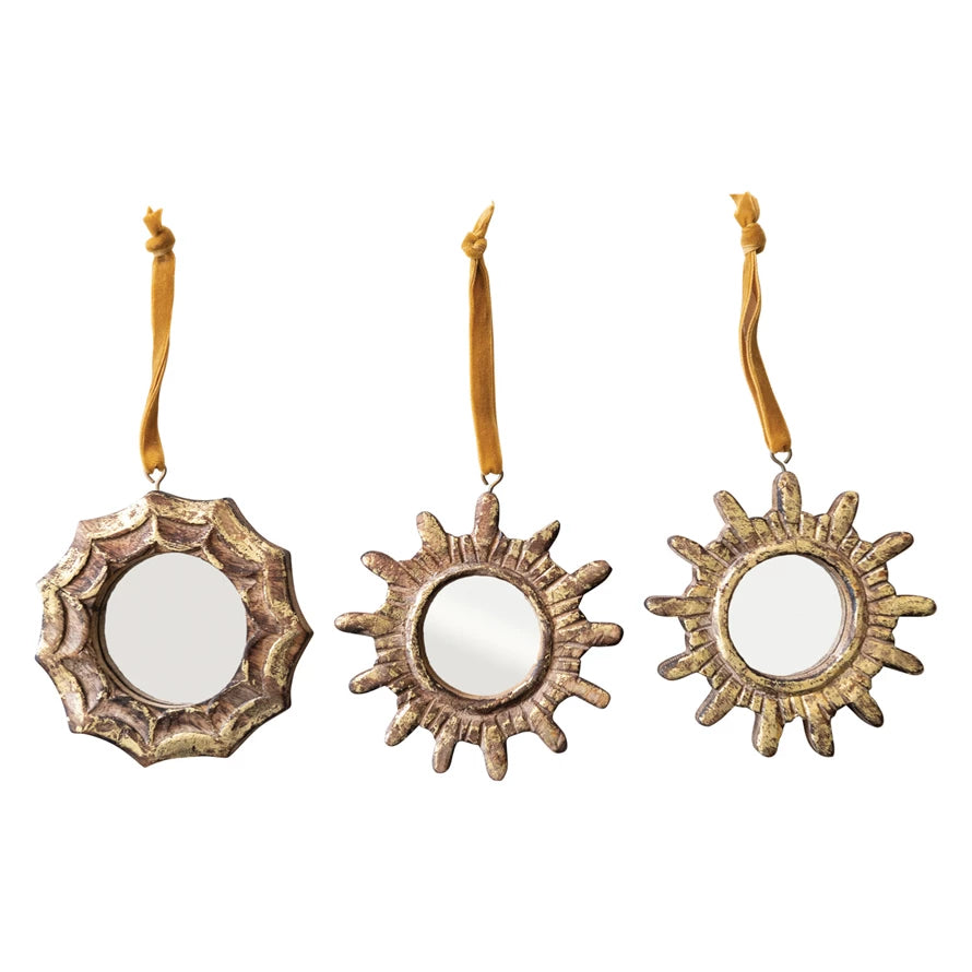 Wood Sunburst Mirror Ornaments (3 styles)