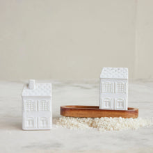 Load image into Gallery viewer, Stoneware House Shaped Salt &amp; Pepper Shakers with Wood Tray
