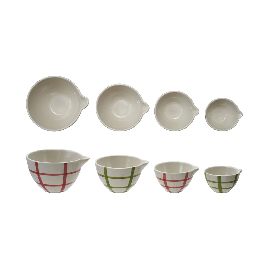Hand-Painted Stoneware Prep Bowls with Grid Pattern (Set of 4)