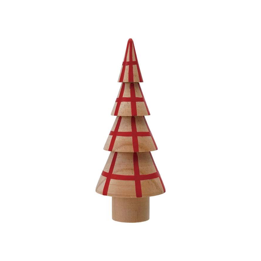Hand-Painted Wood Tree with Natural & Red Grid Pattern