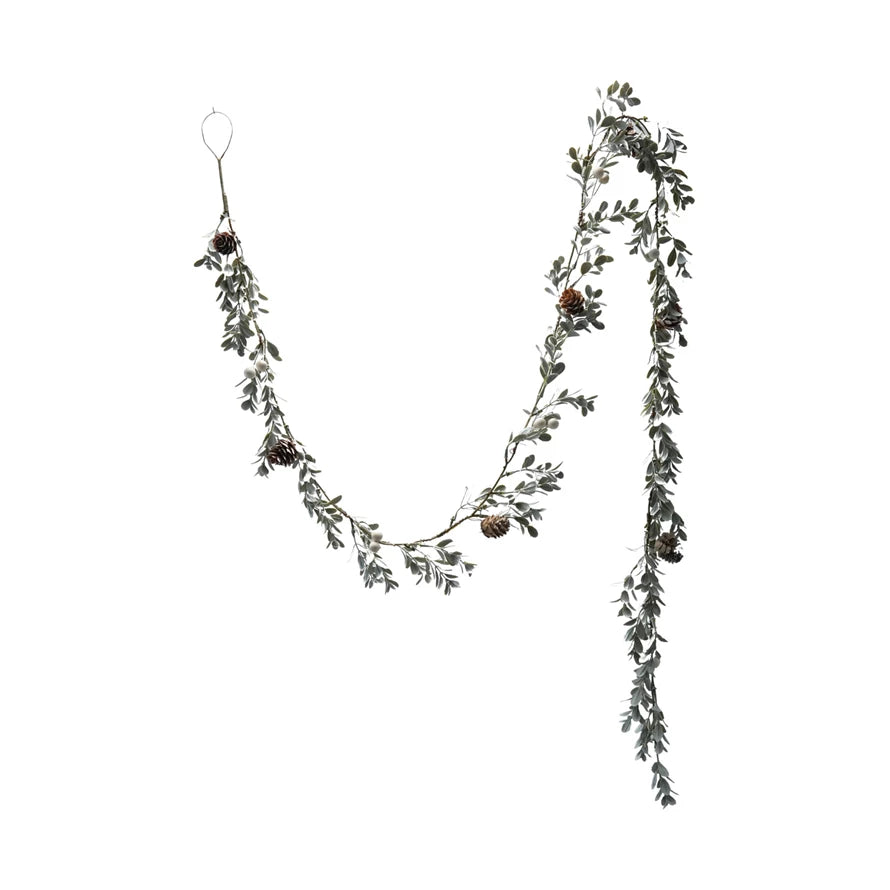 Faux Boxwood Garland with Pinecones & White Berries