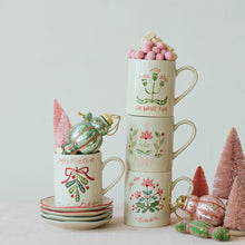 Load image into Gallery viewer, Hand-Painted Stoneware Mug with Wax Relief Holiday Botanicals &amp; Saying (4 Styles)
