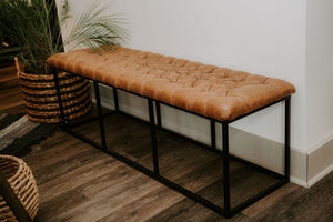 Tufted Brown Faux Leather Bench
