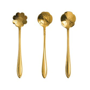 Set of 3 Flower Shaped Spoons, Gold Finish