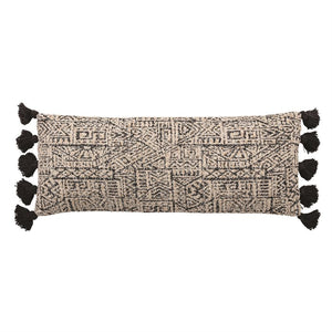 Black & Natural Cotton Patterned Lumbar Pillow w/ Tassels