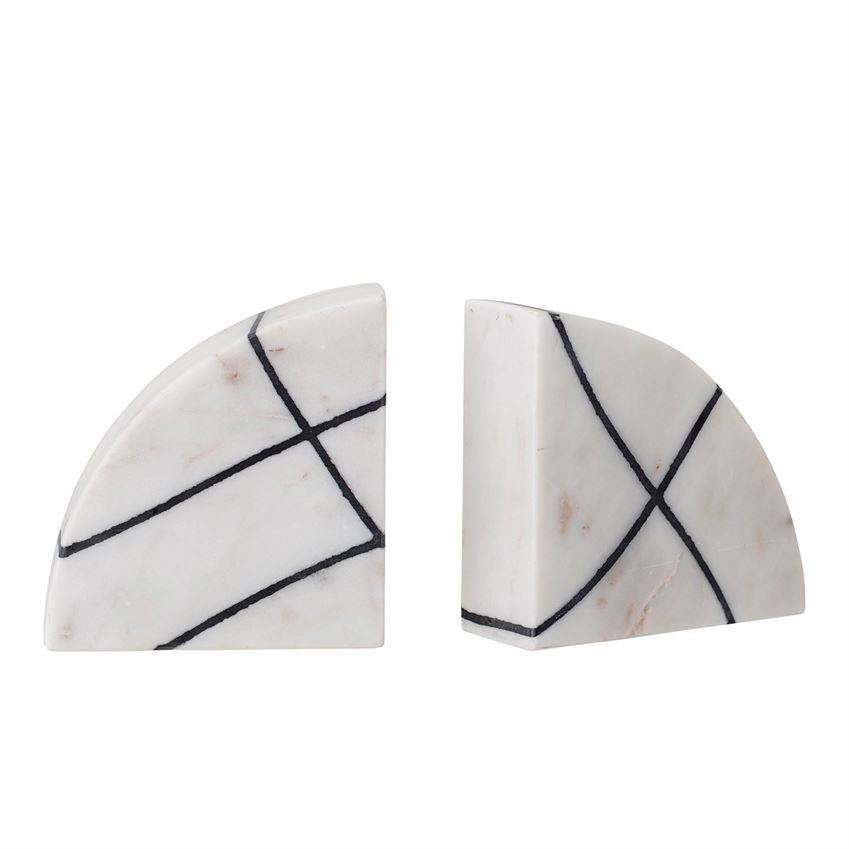 White Marble Bookends w/Black Abstract Pattern