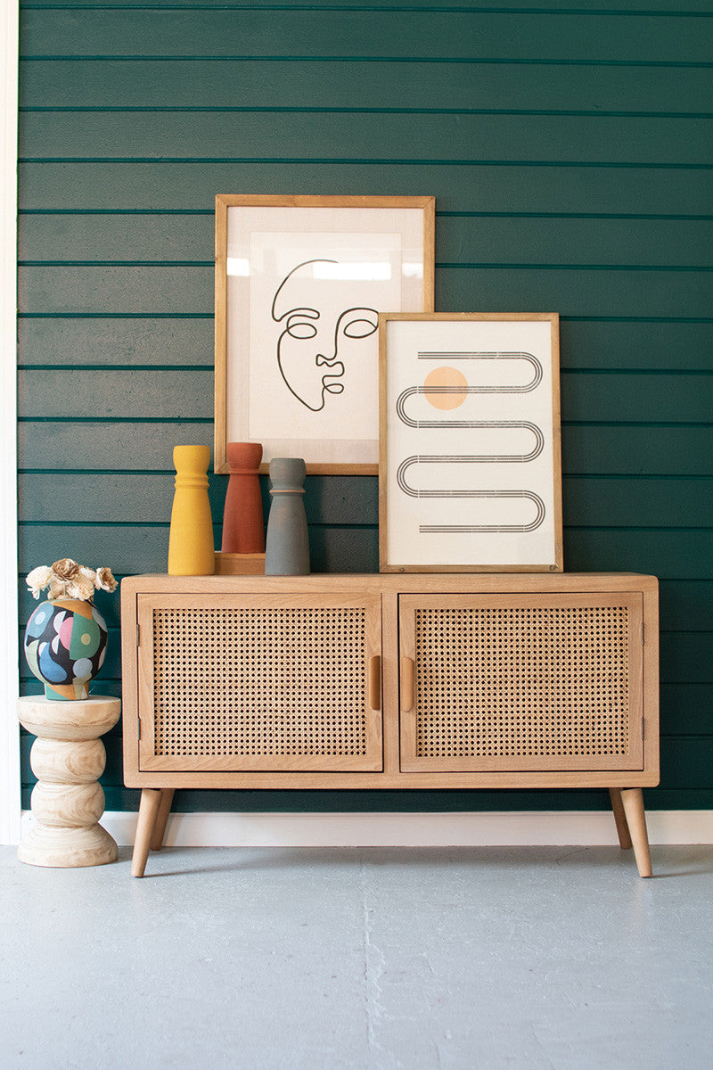 Wood Console with Woven Cane Doors